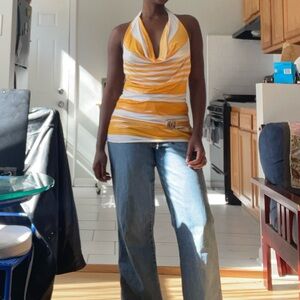 Yellow and White Striped Cowl Neck Top